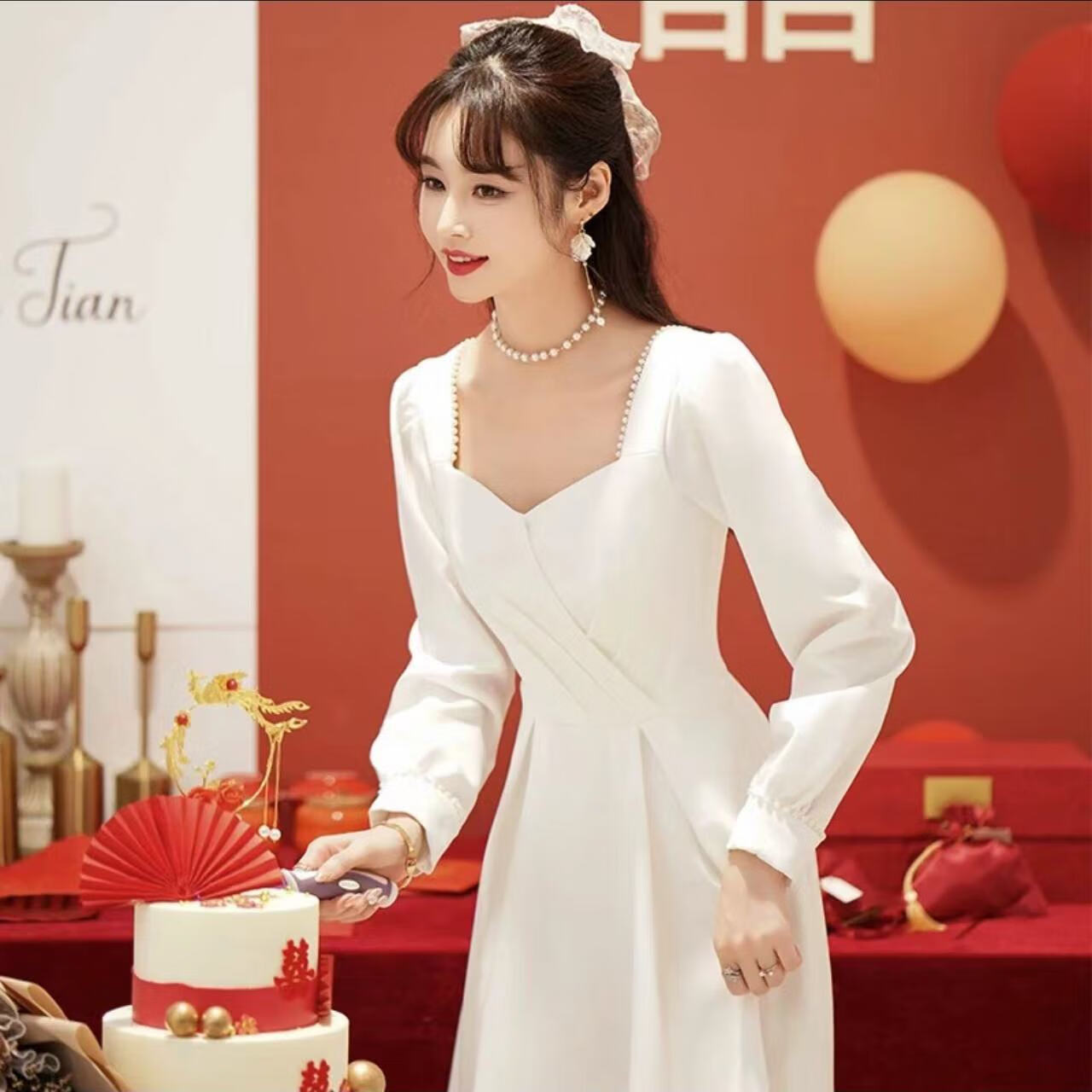 szvb时尚潮流高端大气上档次女装白色晚礼服轻奢小众冬季订婚连衣裙长