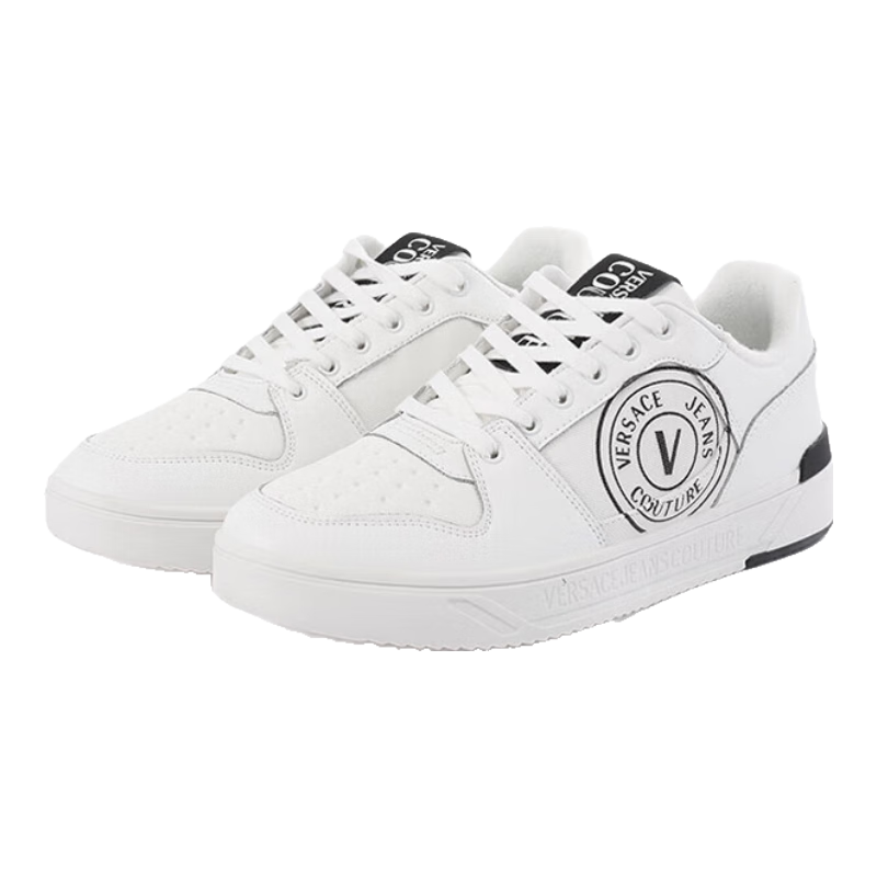 VERSACE JEANS COUTURE范思哲 男士厚底板鞋系帶休閑運動鞋小白鞋禮物男 77YA3SJ1 ZP356 003 白色V字徽章 40