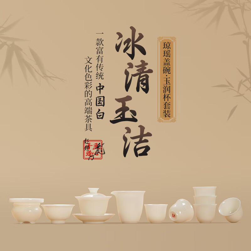 钰铨龙门 冰清玉洁琼瑶盖碗大套组 德化传统中国白瓷高端泡茶碗茶具礼盒装 琼瑶盖碗大套组-玉润杯