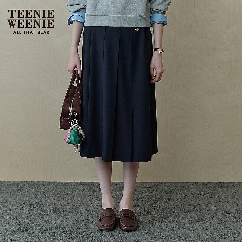 Teenie Weenie小熊半身裙女2025年春季新款學(xué)院通勤優(yōu)雅氣質(zhì)中長款百褶裙女