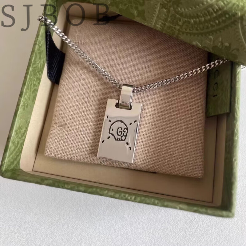 sjbob正品gucci古驰男士做旧项链方牌骷髅吊坠纯银锁骨链古奇情侣链女