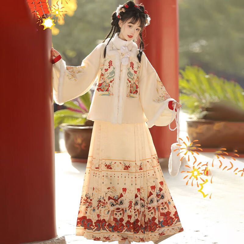 猫庄拜年服女成人醒狮逢龙冬季明制方领汉服加绒加厚新年战袍 米色 s