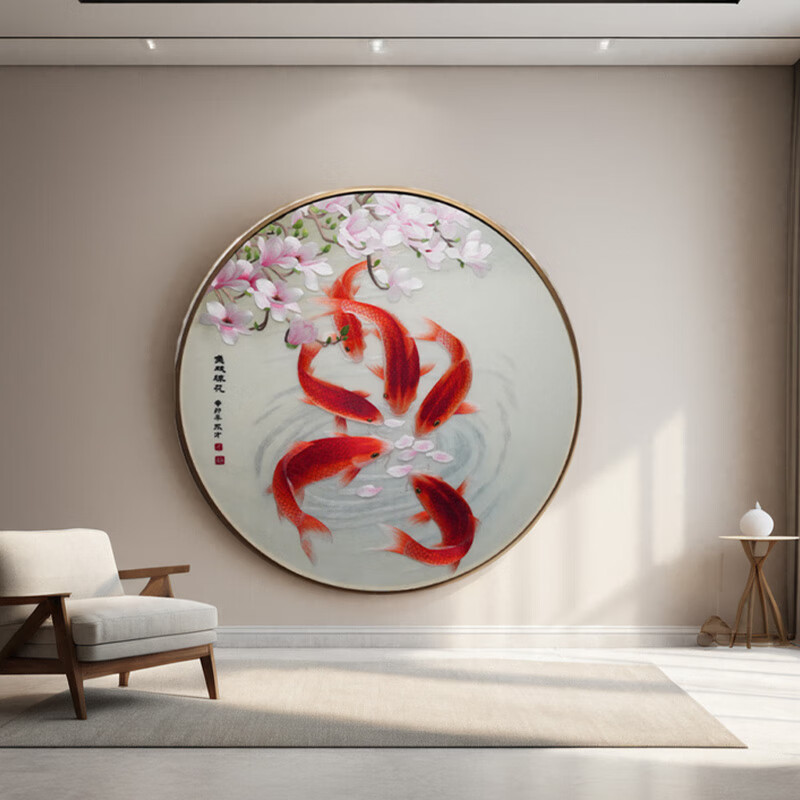梅子刺繡蘇繡掛畫新中式錦鯉六魚圖純手工刺繡畫玄關(guān)過(guò)道走廊餐廳裝飾畫 8875魚戲瓊花 80*80 80x80cm