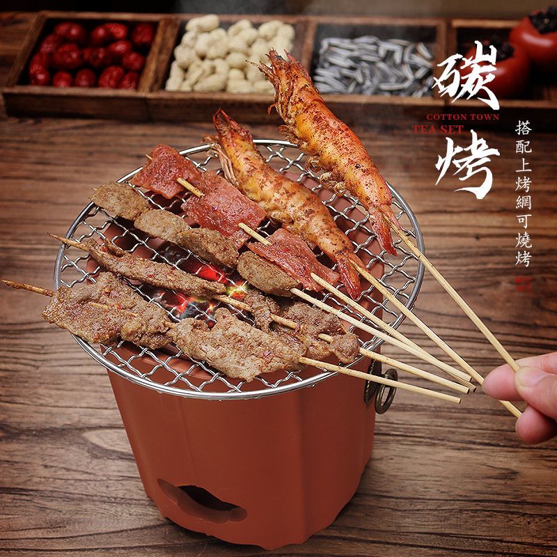 棉小城户外煮茶炉潮州紫砂红泥炭炉木碳炉炭火烧水壶手工砂铫壶功夫茶壶 状元炭炉+圆宫灯砂铫壶+4件套