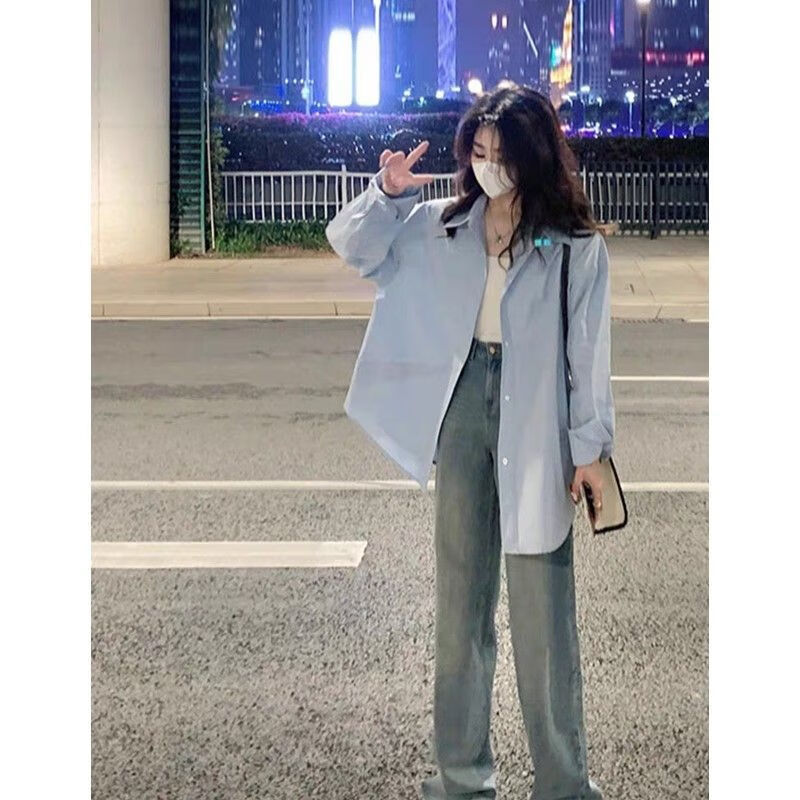 雷黛茜感蓝色长袖衬衫外套女秋季小个宽松休闲开衫衬衣上衣时尚 主图款 S