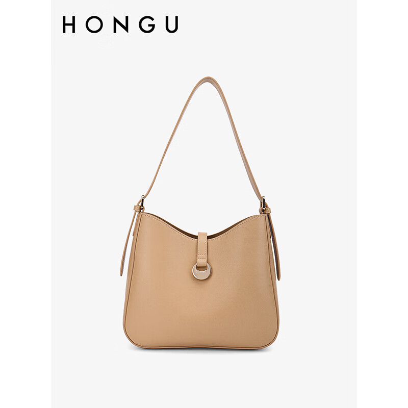 红谷(hongu)女包手提腋下包纯色单根休闲水桶包单肩斜挎 杏色