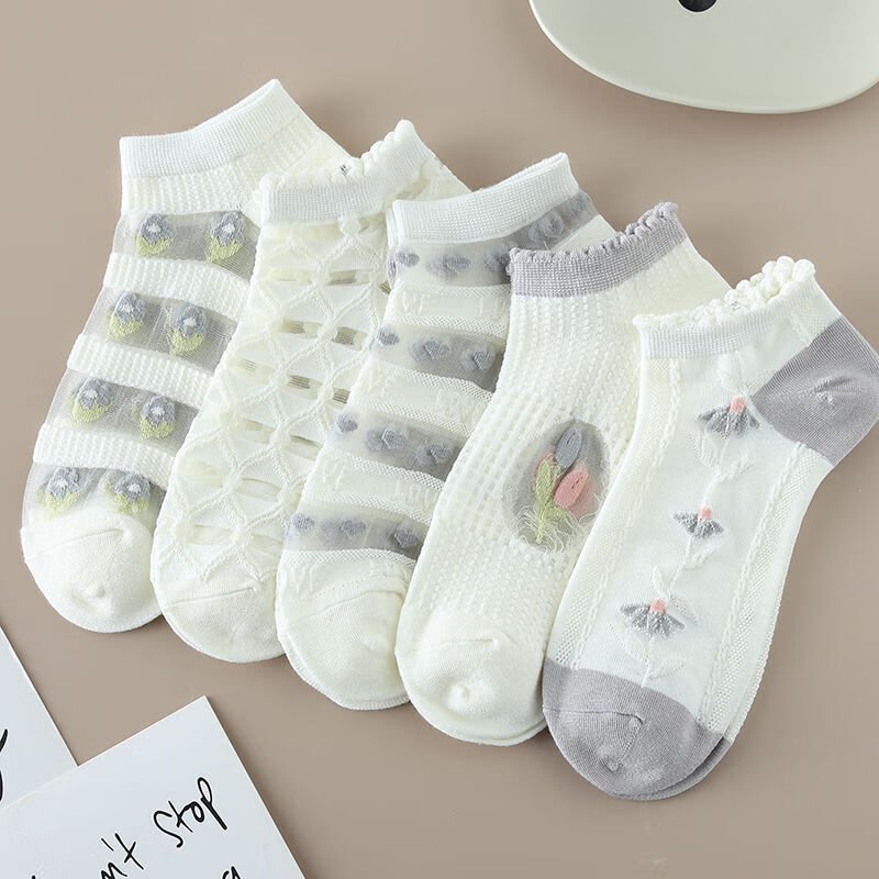 欲战白色袜子女短袜夏季薄款水晶袜学生可爱百搭女款翻纱浮雕透气船袜