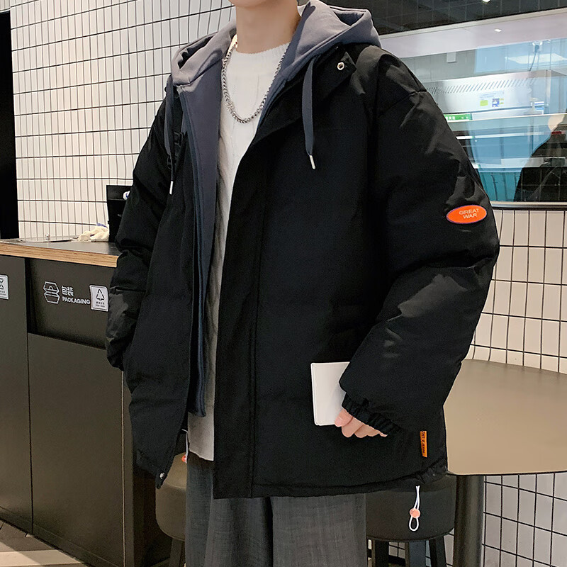 卡爾仕大碼男裝棉衣男生冬季假兩件棉襖胖子棉服男士加厚款潮牌面包外套 黑色 8XL（270-300斤）