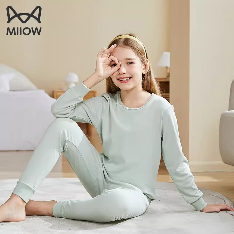 猫人 MIIOW女童全棉秋衣秋裤儿童保暖内衣套装纯棉小女孩棉毛衫春秋冬季 浅粉(低圆领) 170cm (建议体重89-119斤)
