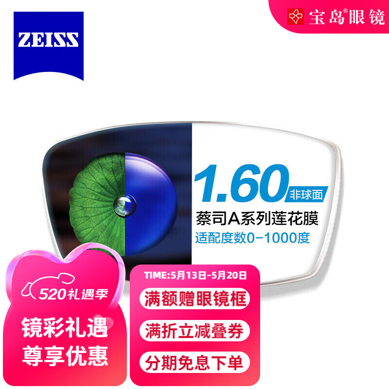 蔡司（ZEISS）A系列1.60非球面莲花膜单光树脂镜片 1片装