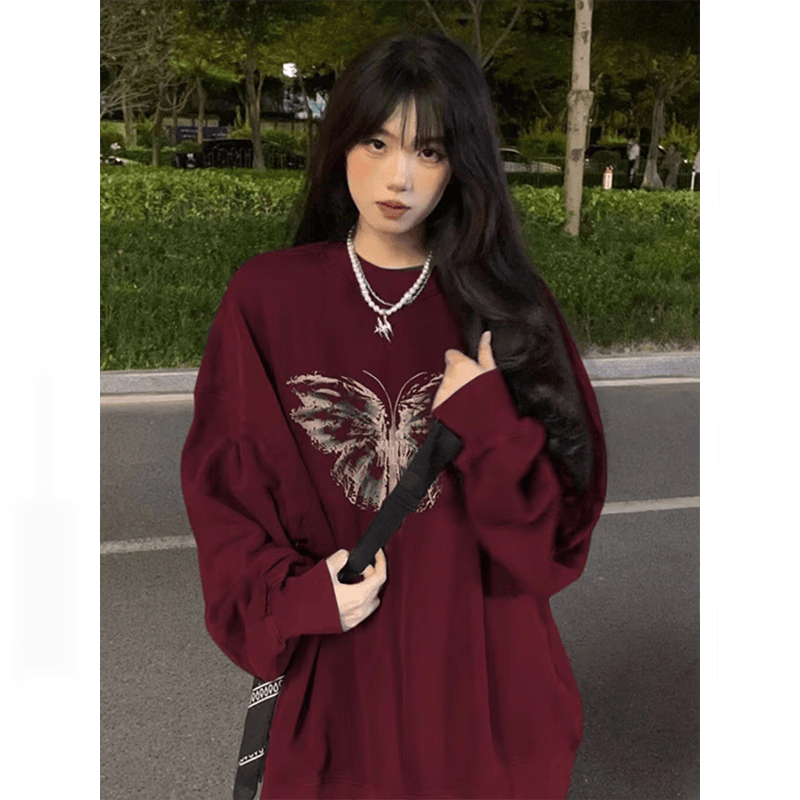 枫潇潇【首单立减】烂番茄色上衣酒红色圆领卫衣女秋冬加厚宽松小众