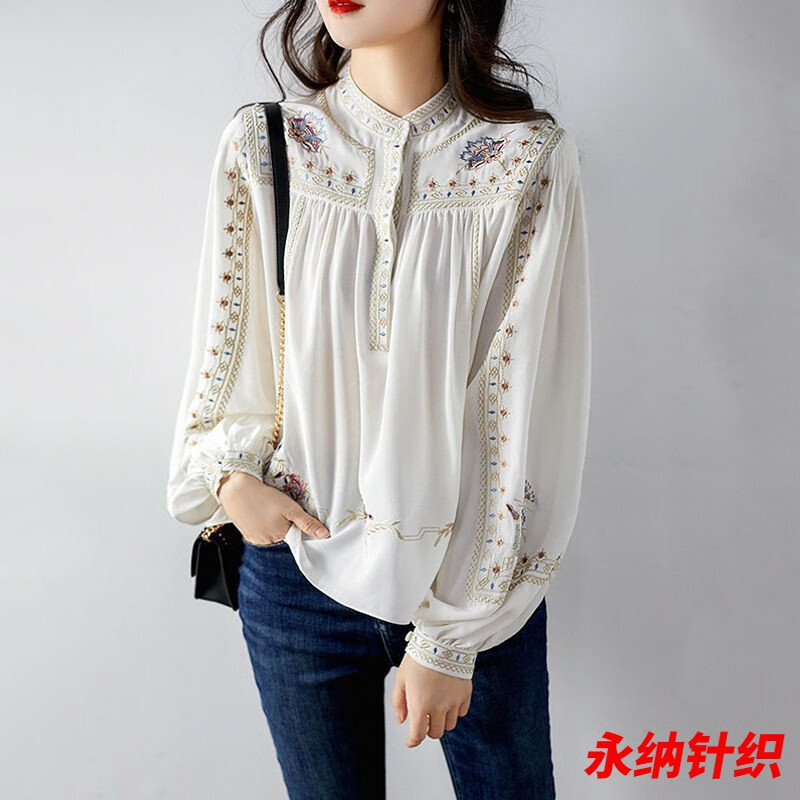 萱圖婭雪紡衫女2025春秋新款小衫胖妹妹設(shè)計(jì)感小眾法式別致長(zhǎng)袖上衣襯衫 白色 M