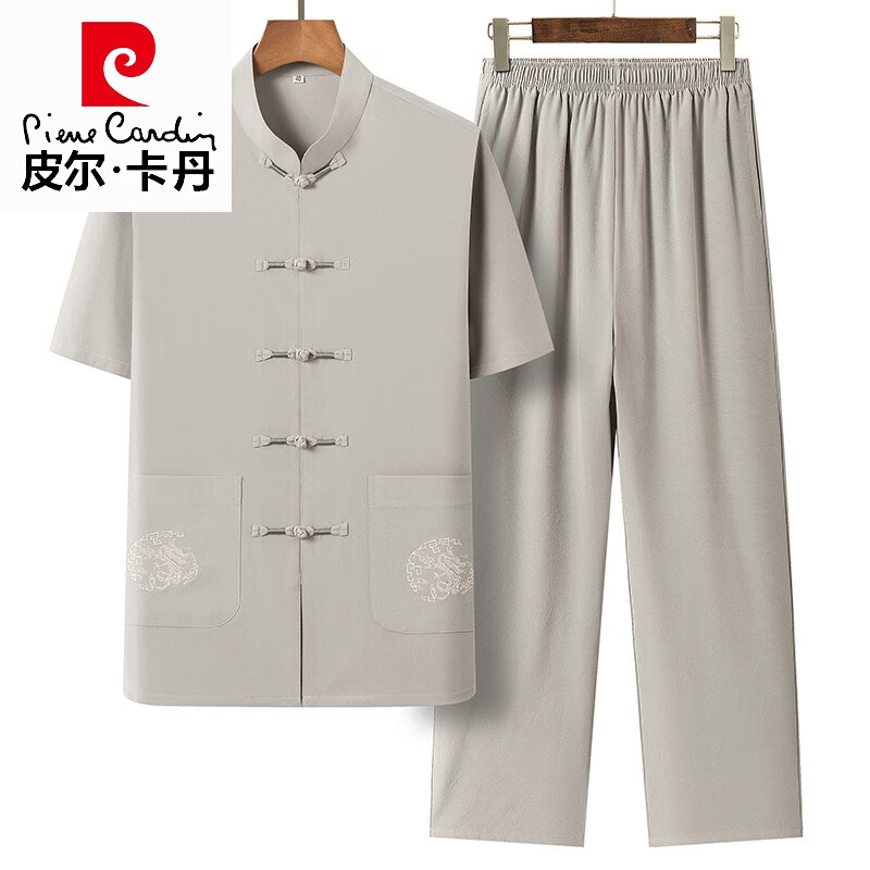 皮爾卡丹（pierre cardin）高檔款中老年唐裝男桑蠶絲短袖套裝中國風(fēng)漢服夏季爺爺太極服蠶絲 T063淺卡其 M 39/165 適合90-115斤