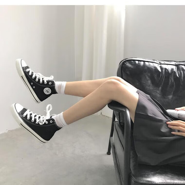 环球女鞋帆布鞋女鞋高帮2025新款夏季透气轻便学生小白鞋低帮黑色板鞋 经典黑色-高帮 38