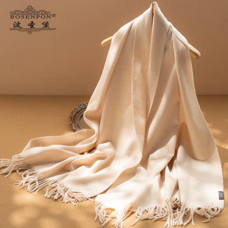 波圣堡品牌羊绒围巾女纯山羊绒秋冬新款梭织水波纹加宽版保暖披肩