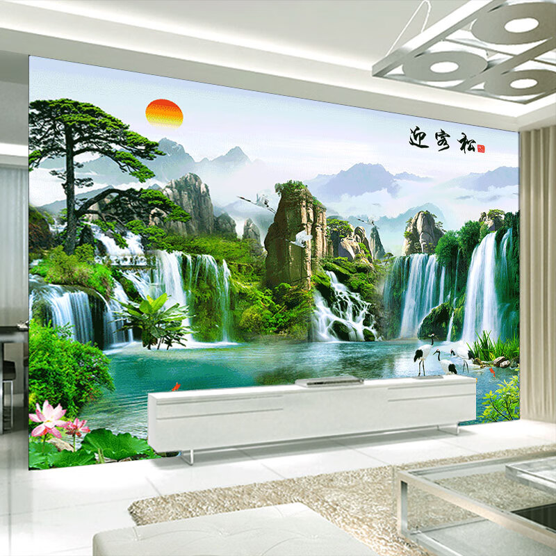 鸿赞迎客松壁画客厅电视背景墙浮雕墙布无缝欧式山水田园壁布定制墙纸