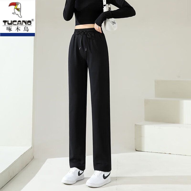 啄木鸟纯棉休闲裤女春秋弹力宽松直筒大i码高腰系带直筒卫裤长裤子 黑色直筒春秋 S (建议70/85斤)