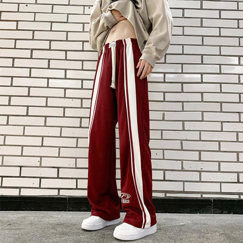 tzvh休闲裤男易穿搭男生高级感裤子美式复古酒红色条纹运动卫裤阔腿直