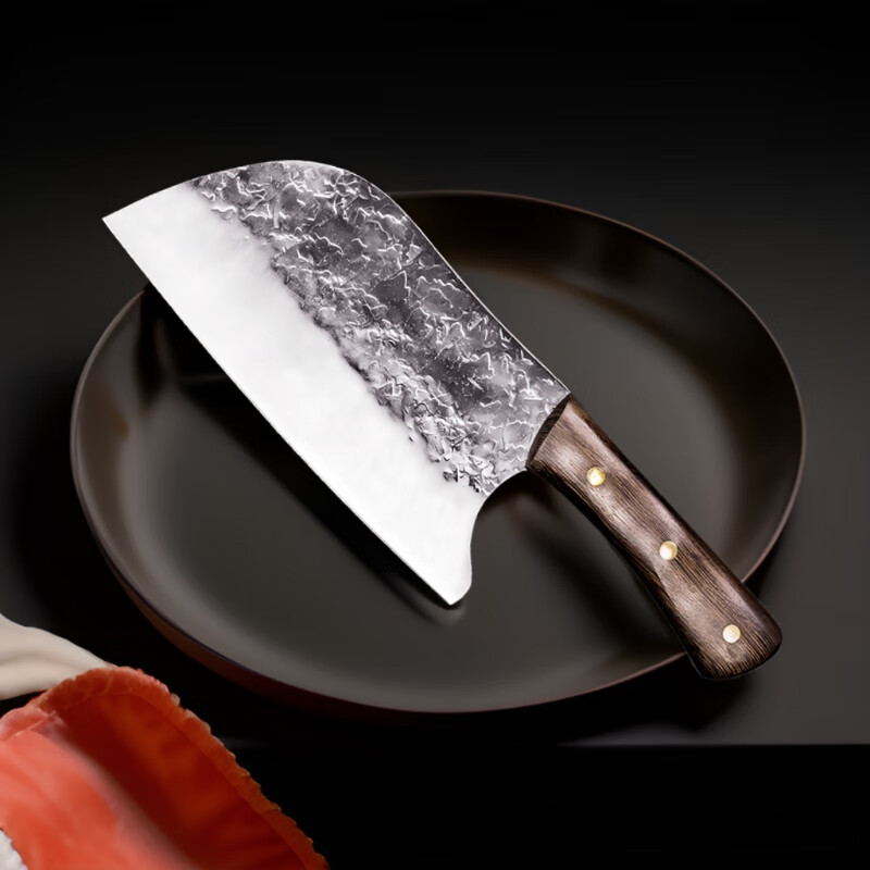 李麻子 传统纯手工锻打圆头菜刀切片刀锤纹锰钢肉片厨师商家用 圆头
