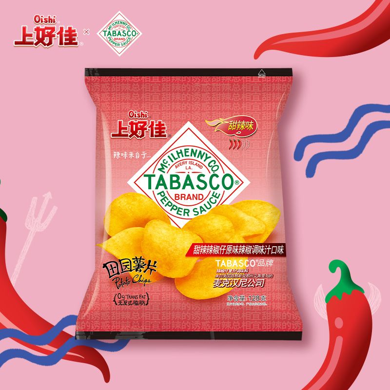 上好佳田园薯片 tabasco甜辣辣椒仔原味辣椒调味汁口味 甜辣128g*4包