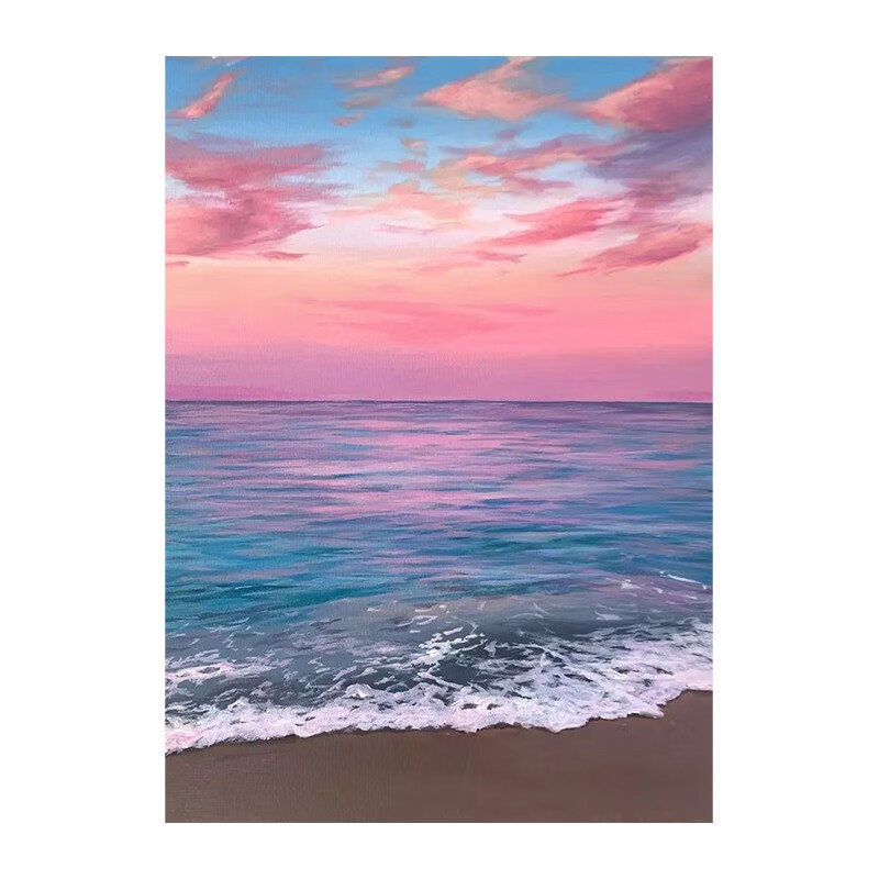 艺幻海边日出风景手绘油画海浪粉色天空朝霞装饰画客厅挂画玄关肌理画