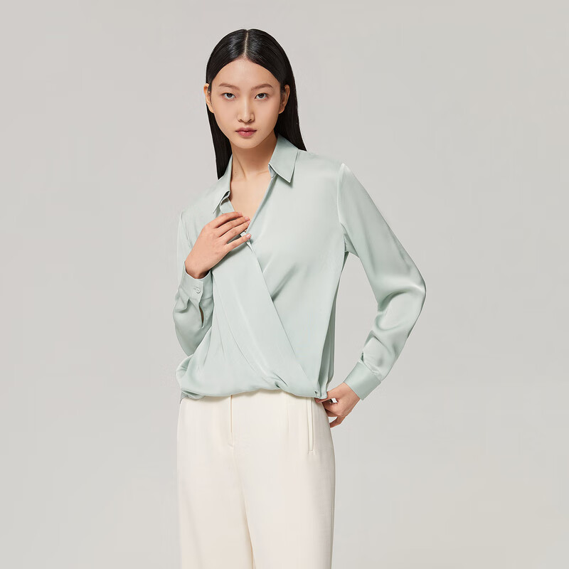 OVV【重磅真丝】OVV2022秋冬新款女装22姆米弹力双乔翻领长袖衬衫 浅绿A8 XS