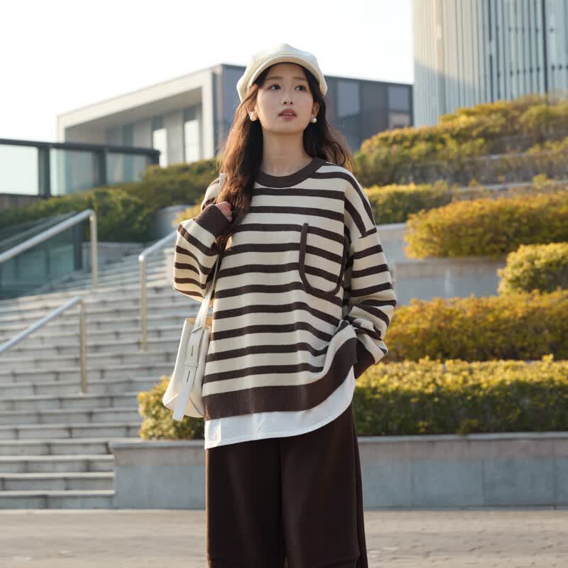 西町村屋(setirom)西町村屋条纹毛衣女2023新款秋冬休闲假两件拼接