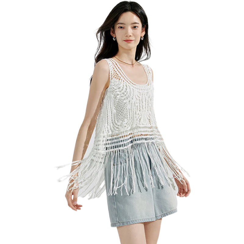 茵曼（INMAN）波西米亞鏤空流蘇純棉針織背心2025夏季女裝新款無袖吊帶罩衫上 珍珠白 M