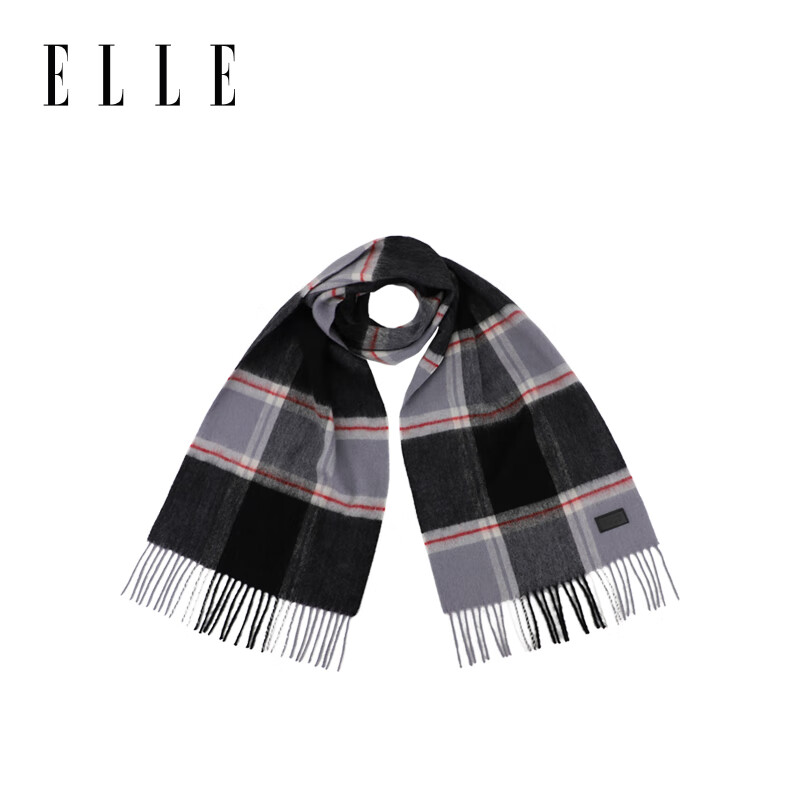 ELLE100%绵羊毛围巾女士秋冬季户外时尚百搭保暖长款格子披肩围脖 黑灰色