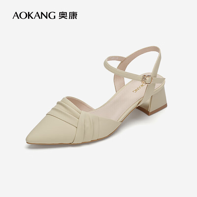 奥康（Aokang）女鞋 中空女单鞋女士后空尖头鞋子商场同款 杏色 34