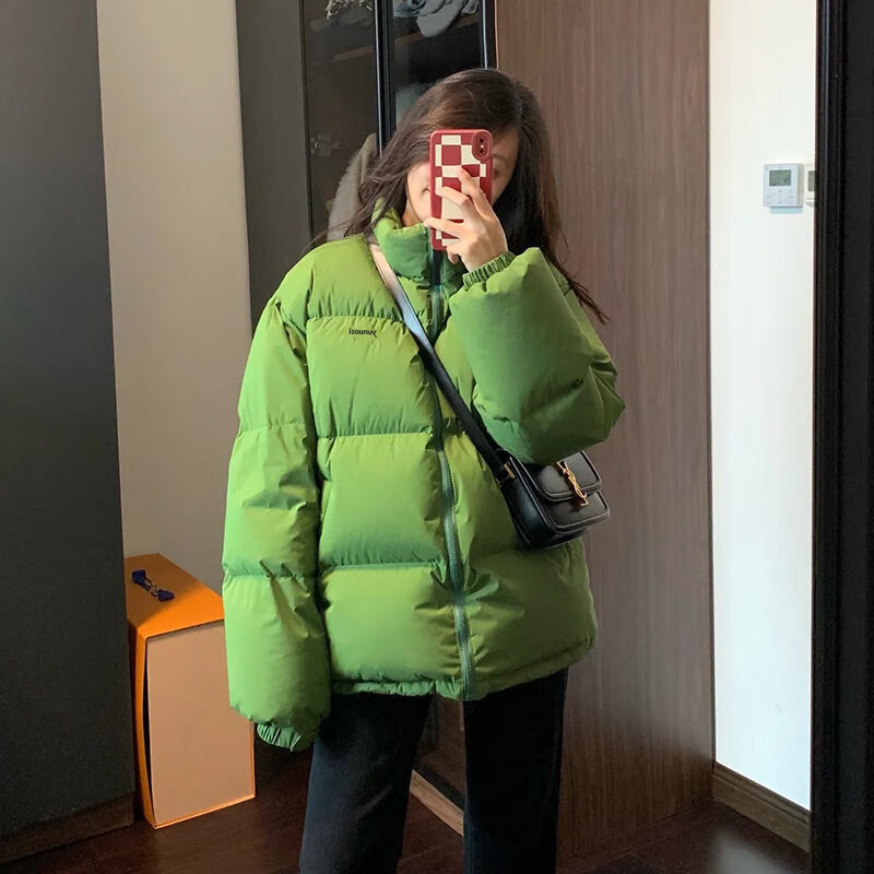 洛之潮大童羽绒棉服女12-15岁新款宽松版韩版宽松棉袄连帽棉衣潮ins 绿色 S 建议85-105斤