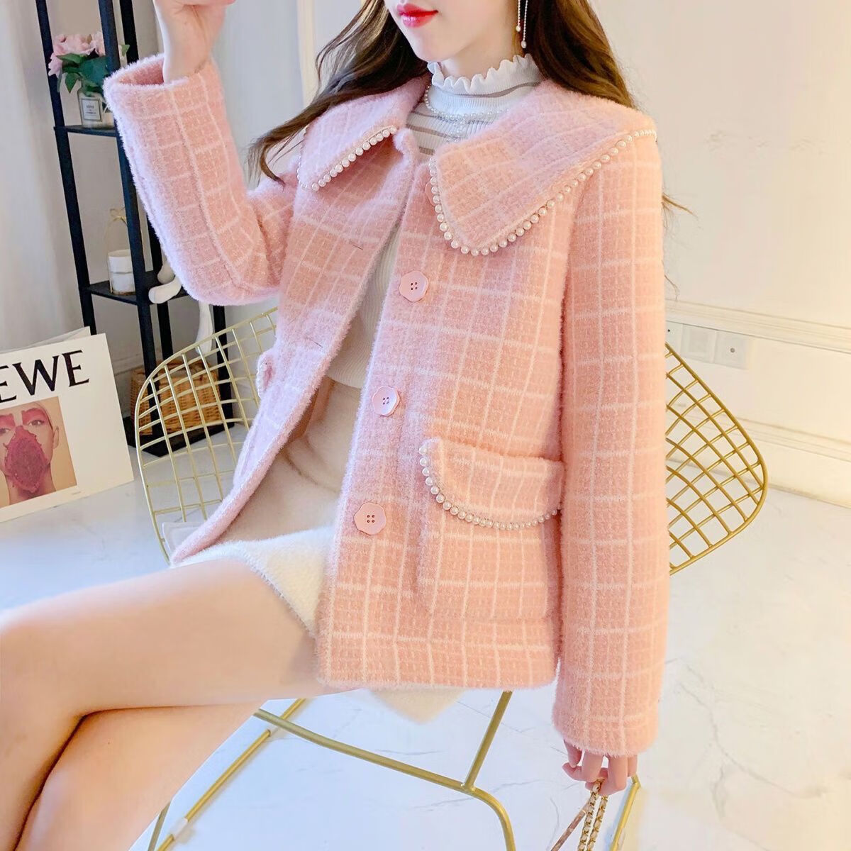 款旗靓店冬款格子水貂绒毛呢女冬季新款小个子 粉色 s(100斤以内)