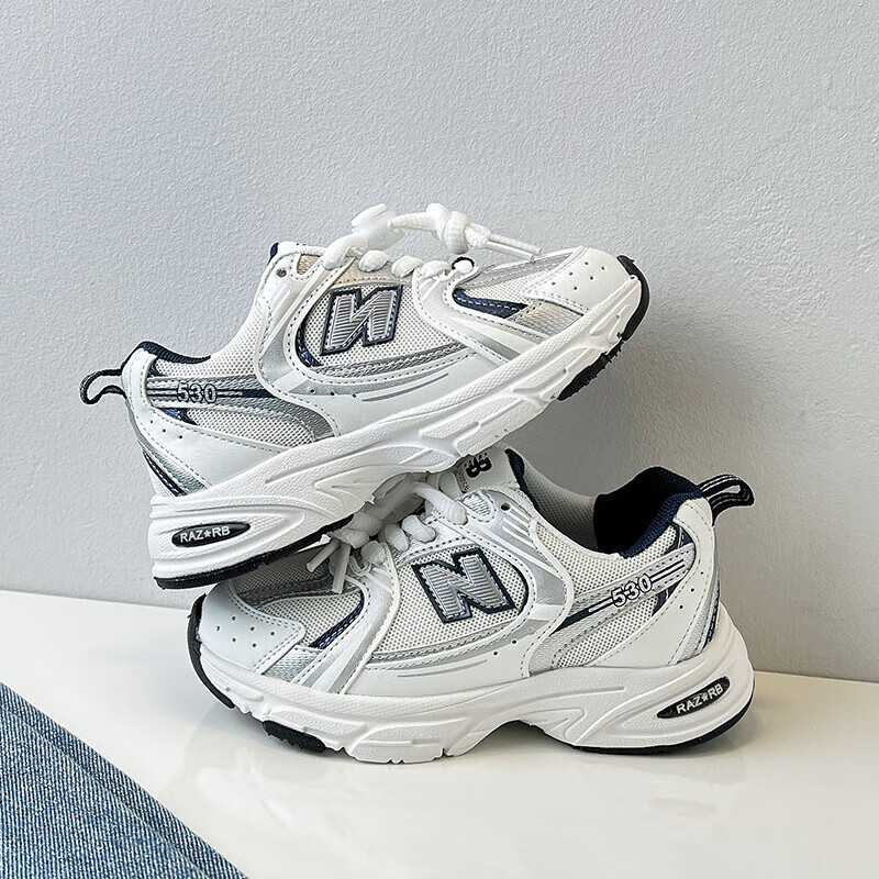 新百伦官方经典男童鞋子秋季新款女童老爹鞋儿童运动鞋中大童潮休闲鞋 旗舰白色双网单鞋 秋款 36 内长约22.5cm