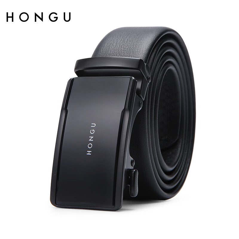 红谷(hongu)皮带休闲时尚头层牛皮青年裤带正装腰带自动扣潮 漆黑 h