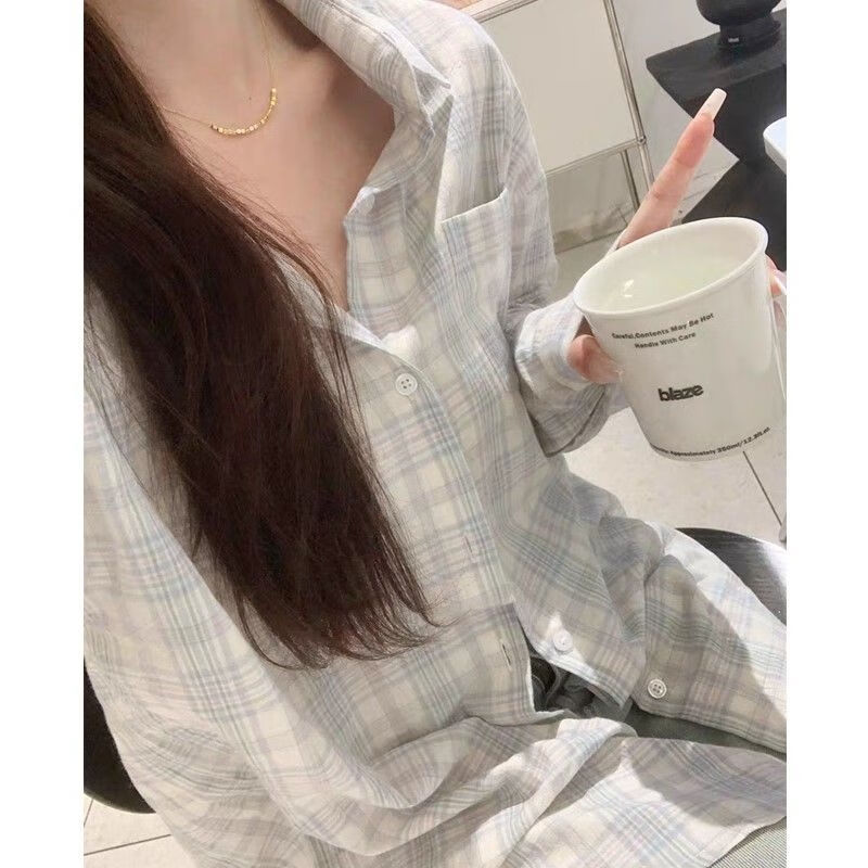 雷黛茜可甜可盐奶油蓝格少女2024年春秋季格子宽松休闲学院风衬衫ins潮 格子衬衫【面料】 S