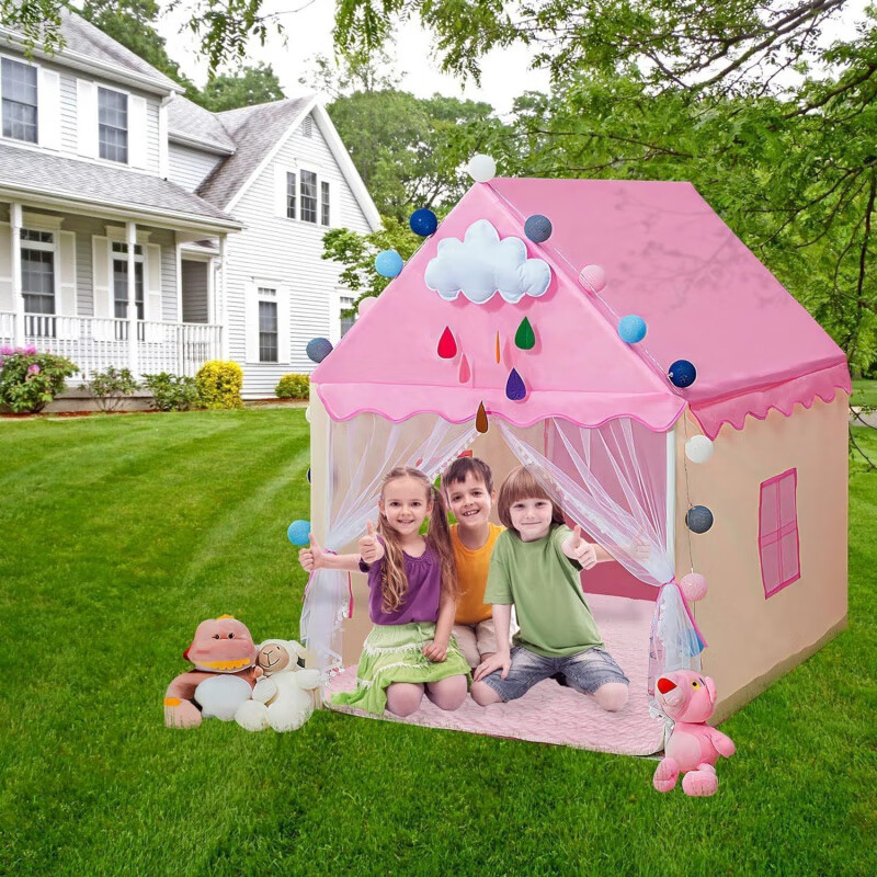 婕茵桐秘密基地小屋帐篷 游戏屋小房子城堡公主屋睡觉过家家玩具蚊帐 粉色帐篷【PVC杆】 帐篷+棉垫+彩灯+云朵+蝴蝶