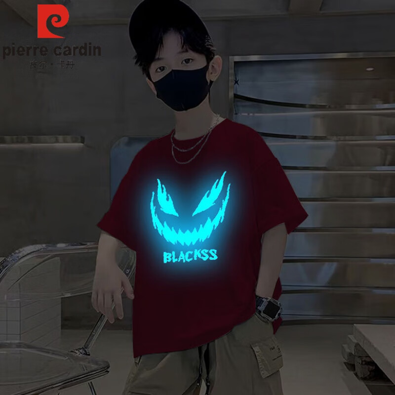 皮尔卡丹(pierre cardin)男女童夏季夜光恶魔上衣短袖t恤夏装帅气中大