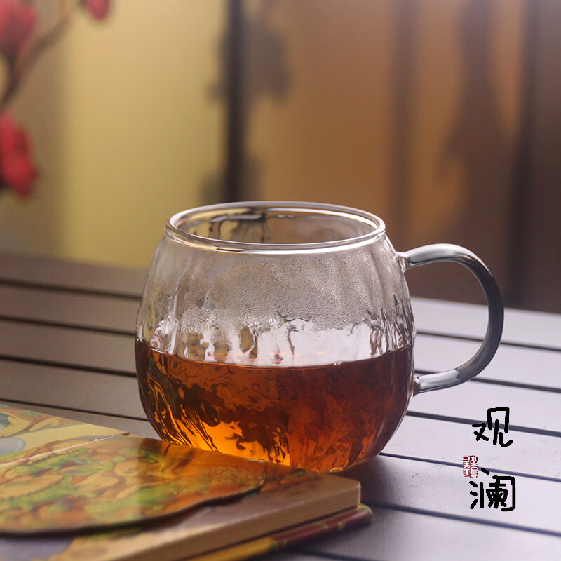 高颜值玻璃杯可加热牛奶果汁杯带盖把泡茶杯男女办公家用喝水杯子 树皮纹胖胖杯(水杯)