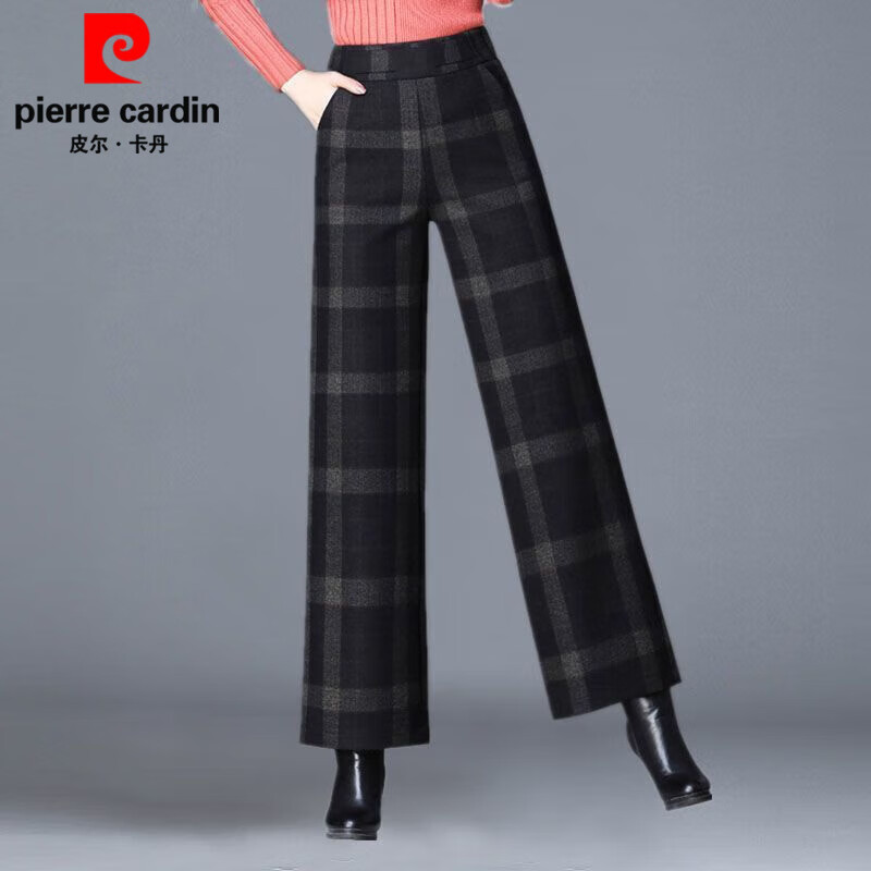 皮爾卡丹格子加厚毛呢闊腿褲女秋冬媽M媽寬松大d碼毛呢休閑褲大腳長(zhǎng)褲子 格子色【加厚】 加絨 S