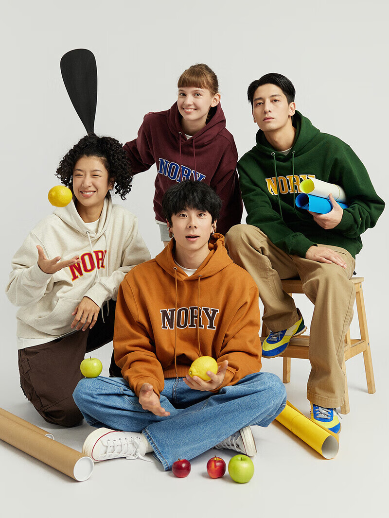 NORYBRAND 绒感莫兰迪色Logo连帽卫衣 简约多色长袖上衣 花灰色 S