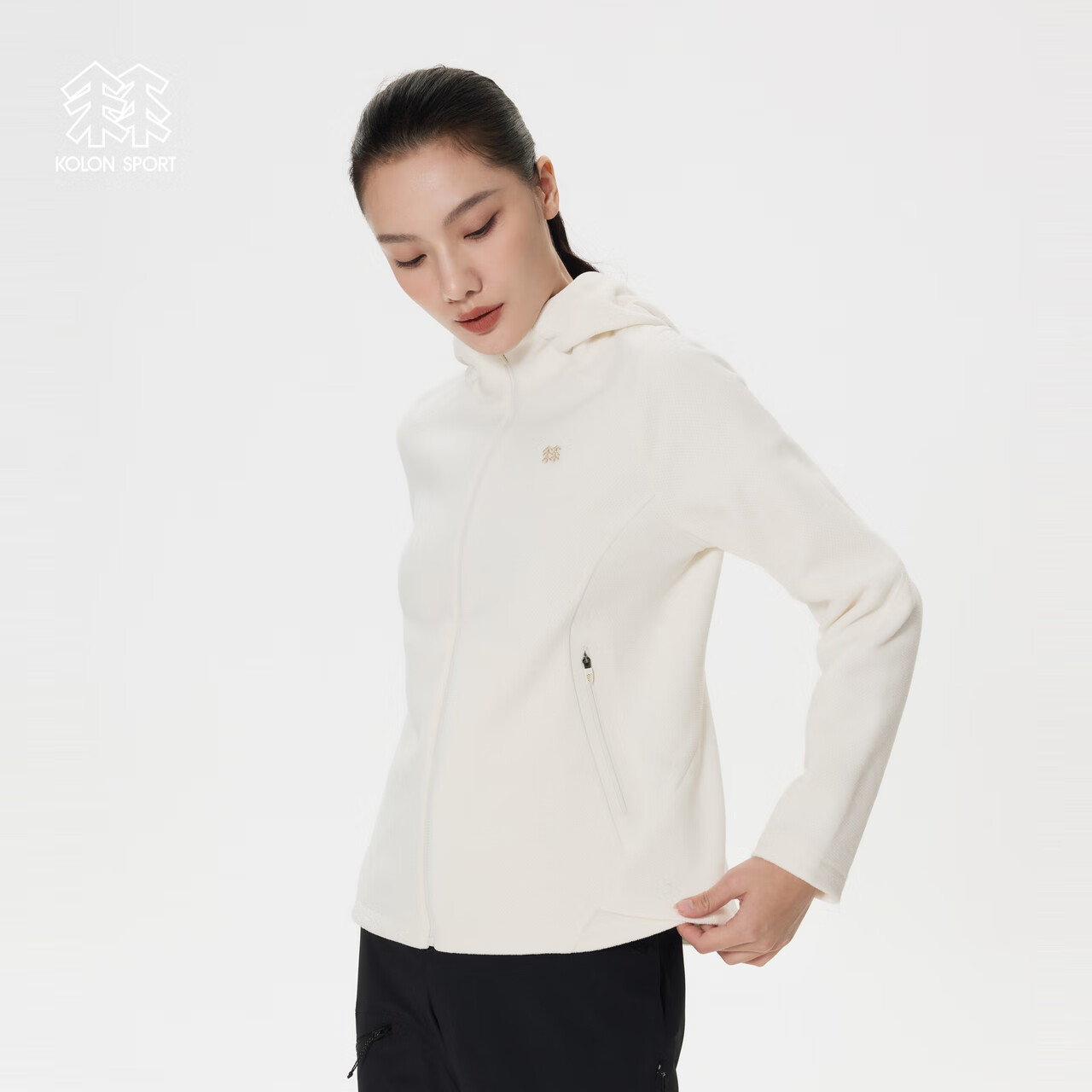 KOLON SPORT/可隆抓绒夹克 女子户外运动徒步登山连帽保暖透气上衣外套 LKFJ5SN010-CR 米白 L 170/92A