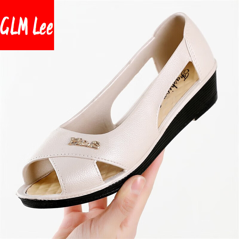 平底镂空女鞋2024年新款低跟单鞋大码妈妈鞋工作鞋 温州皮鞋女-米白色