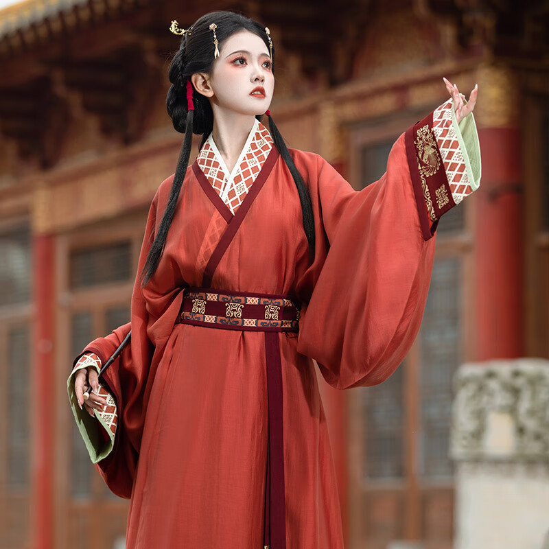 重回汉唐楚歌原创改良直裾战国袍套装中国风红色汉服秋冬款女 枫叶红