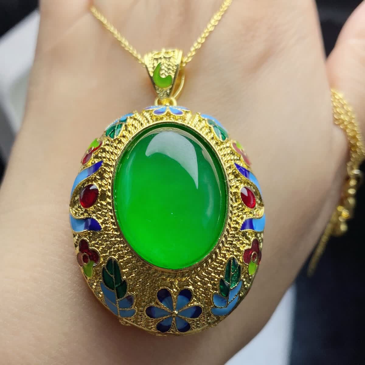 满绿景泰蓝镶嵌蛋面吊坠缅甸老坑玉石帝王绿女款项链挂件 景泰蓝吊坠