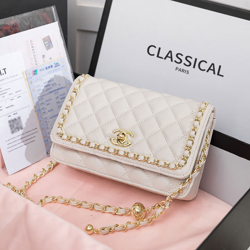 高质感香奶奶包包女2023新款百搭方胖子菱格单肩斜挎包潮链条小包 乳