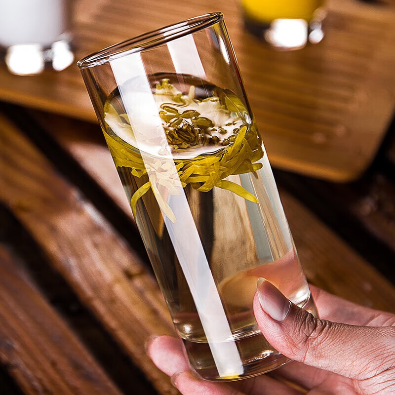 鸥欣进口玻璃杯水杯套装办公室待客茶杯耐热玻璃杯家用透明喝水杯子 340ml 6只+三角壶+白杯架+沥水盘