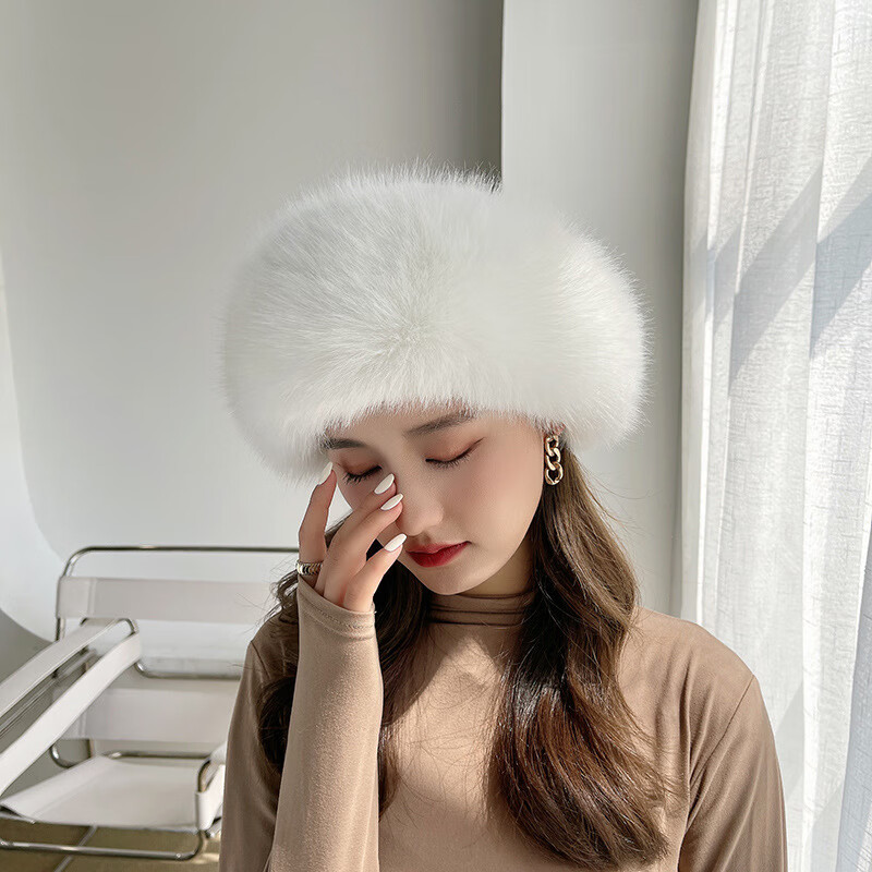 卡悠萊冬天帽子狐貍毛女款2024新款風(fēng)雪帽仿皮草狐貍毛帽子圓頂帽蒙古貝 白色 均碼