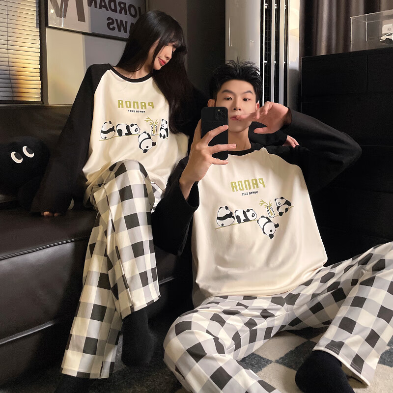 林中寻睡衣套装情侣装一男一女春秋熊猫情侣睡衣春秋季长袖可爱青少年