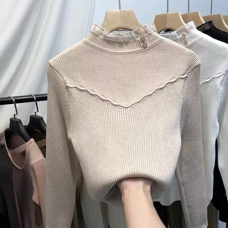 香影芬半高领打底衫女秋冬中领内搭蕾丝时尚毛衣木耳边针织法式别致上衣 燕麦色 L (建议105-115斤)