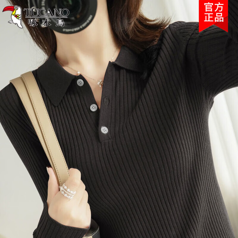 啄木鸟春秋季polo领针织衫女温柔三粒扣百衣纯色修身打底衫长袖上衣
